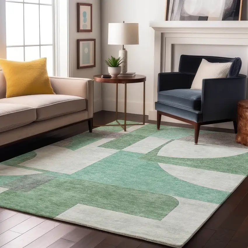 Green Gray And Ivory Abstract Geometric Washable Area Rug With UV Protection Photo 5