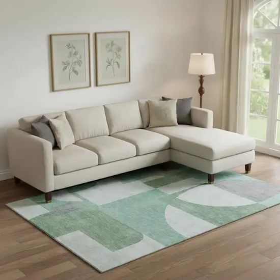 Green Gray And Ivory Abstract Geometric Washable Area Rug With UV Protection Photo 2