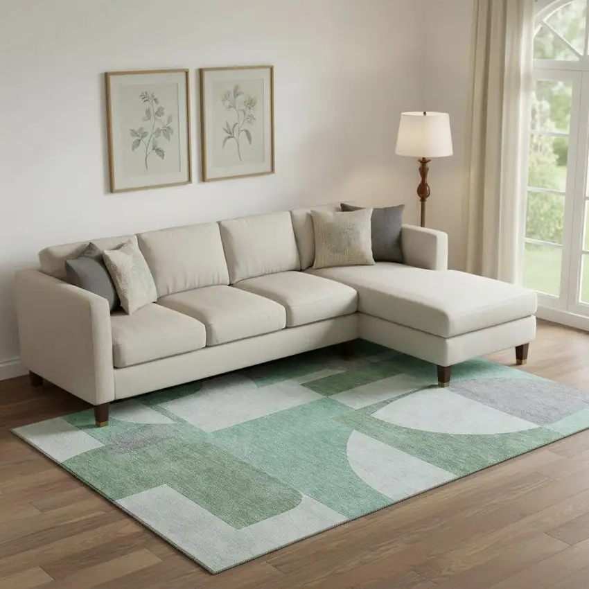 Green Gray And Ivory Abstract Geometric Washable Area Rug With UV Protection Photo 2