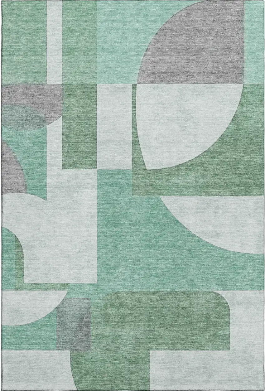 Green Gray And Ivory Abstract Geometric Washable Area Rug With UV Protection Photo 1