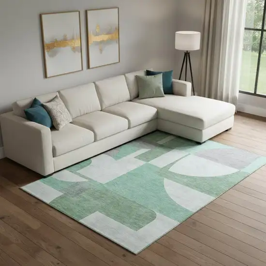 Green Gray And Ivory Abstract Geometric Washable Area Rug With UV Protection Photo 2