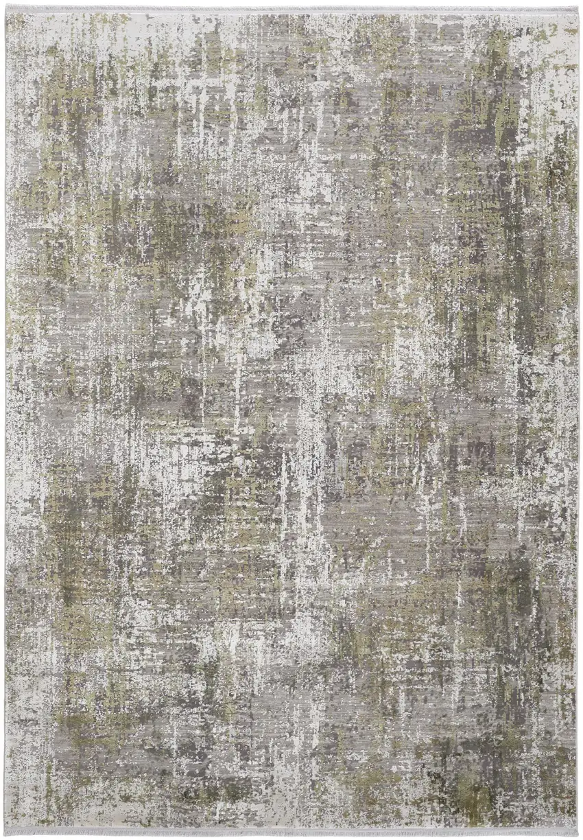 Green Gray And Ivory Abstract Power Loom Distressed Area Rug With Fringe Photo 1