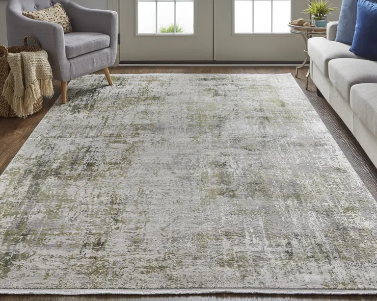 Green Gray And Ivory Abstract Power Loom Distressed Area Rug With Fringe Photo 5