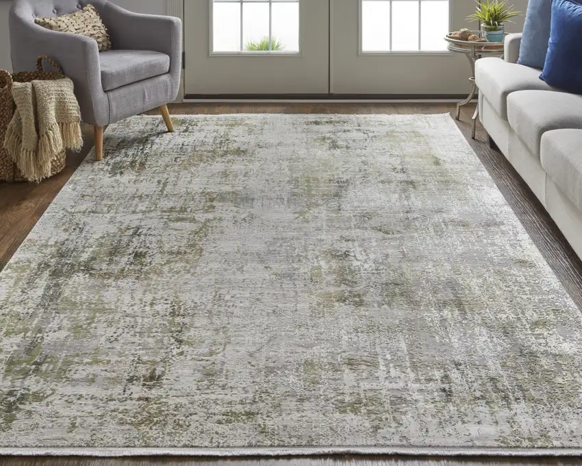 Green Gray And Ivory Abstract Power Loom Distressed Area Rug With Fringe Photo 6