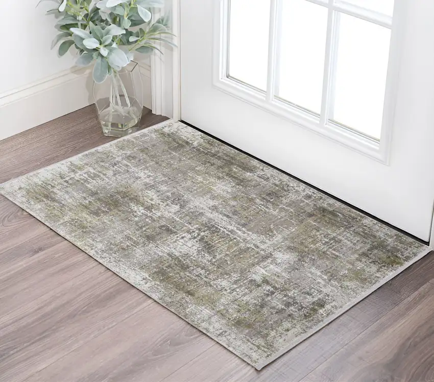 Gray and Ivory Abstract Power Loom Distressed Area Rug With Fringe Photo 1