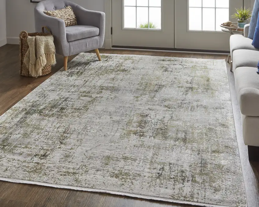 Green Gray And Ivory Abstract Power Loom Distressed Area Rug With Fringe Photo 7