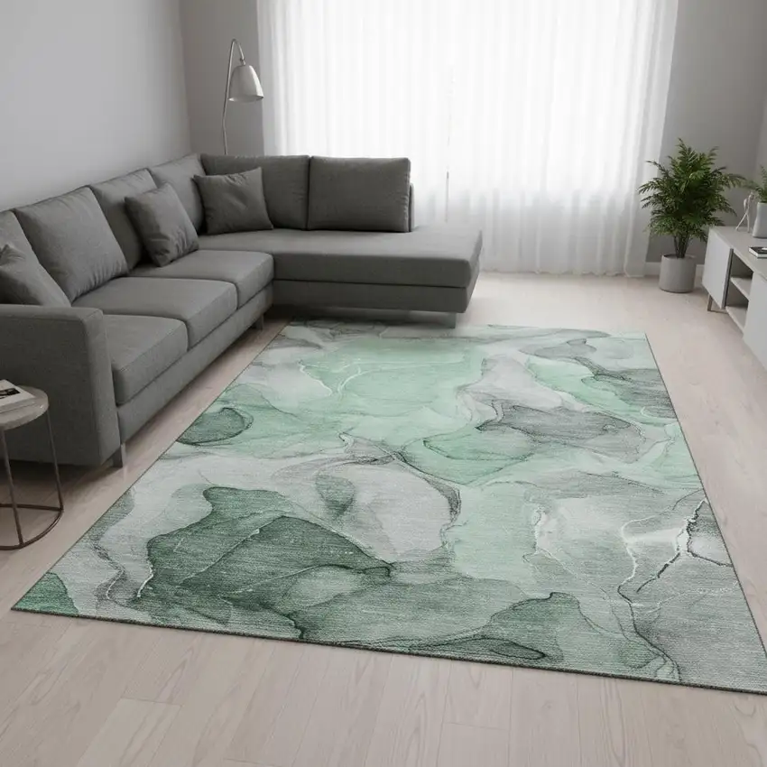 Green Gray And Ivory Abstract Washable Area Rug With UV Protection Photo 1