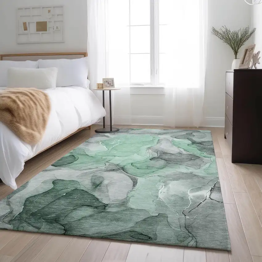 Green Gray And Ivory Abstract Washable Area Rug With UV Protection Photo 5
