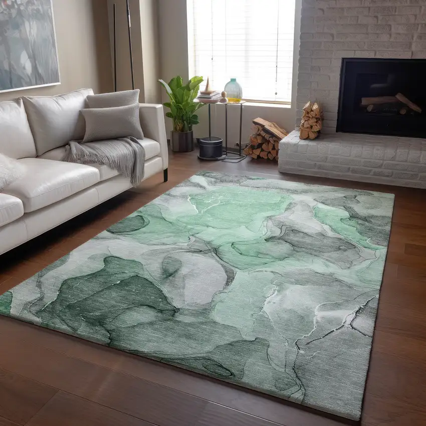 Green Gray And Ivory Abstract Washable Area Rug With UV Protection Photo 6