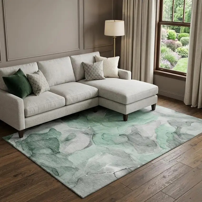Green Gray And Ivory Abstract Washable Area Rug With UV Protection Photo 1