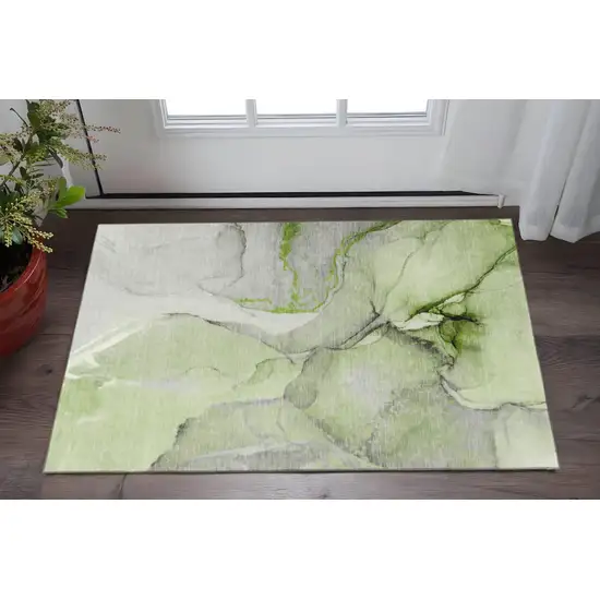 Green Gray And Ivory Abstract Washable Area Rug With UV Protection Photo 2
