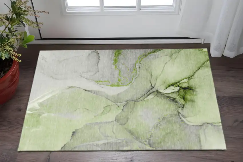 Green Gray And Ivory Abstract Washable Area Rug With UV Protection Photo 2