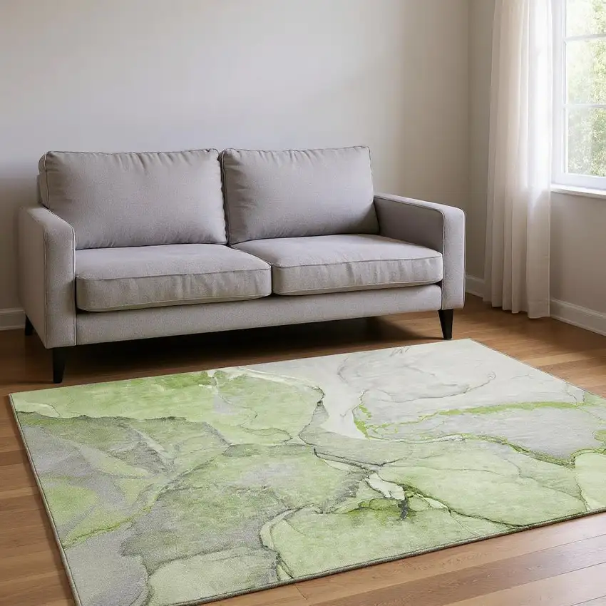 Green Gray And Ivory Abstract Washable Area Rug With UV Protection Photo 2