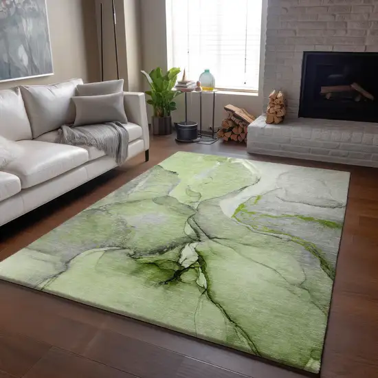 Green Gray And Ivory Abstract Washable Area Rug With UV Protection Photo 6
