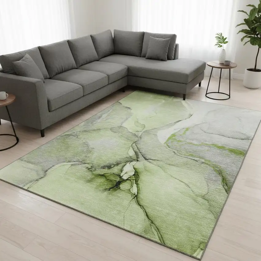Green Gray And Ivory Abstract Washable Area Rug With UV Protection Photo 1
