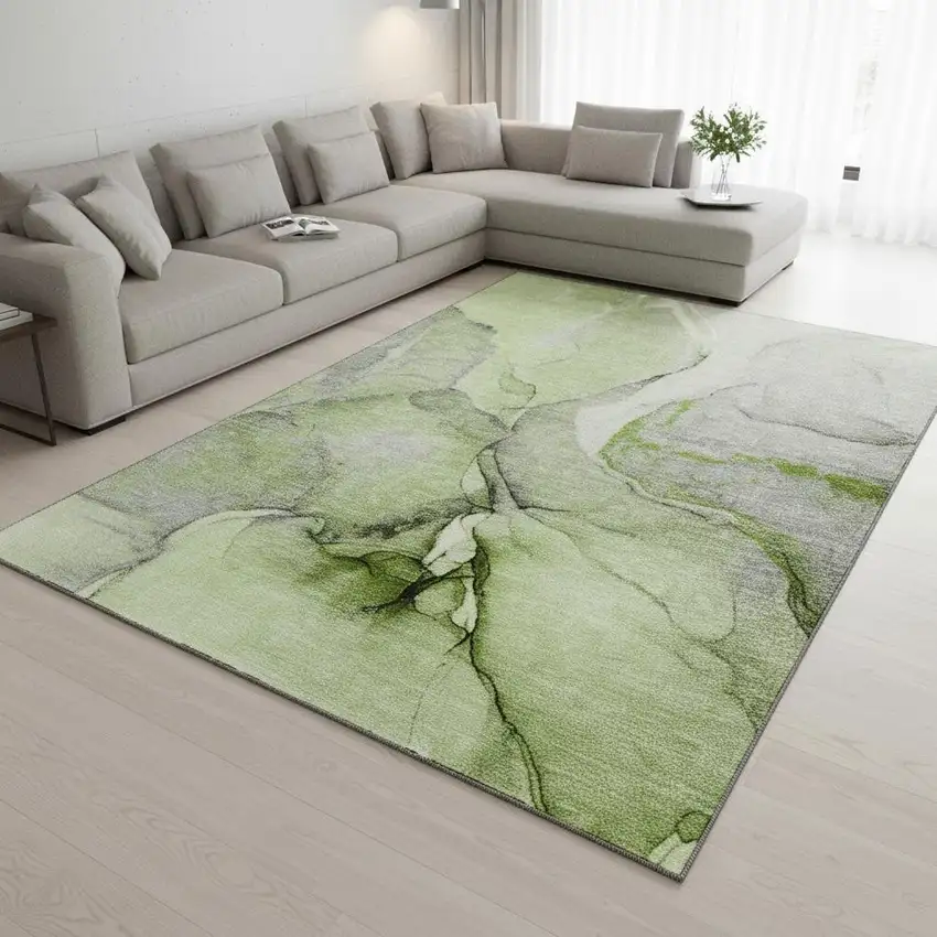 Green Gray And Ivory Abstract Washable Area Rug With UV Protection Photo 2
