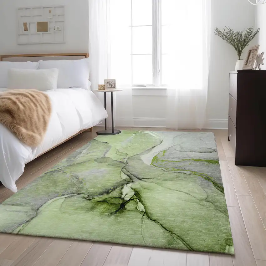 Green Gray And Ivory Abstract Washable Area Rug With UV Protection Photo 5