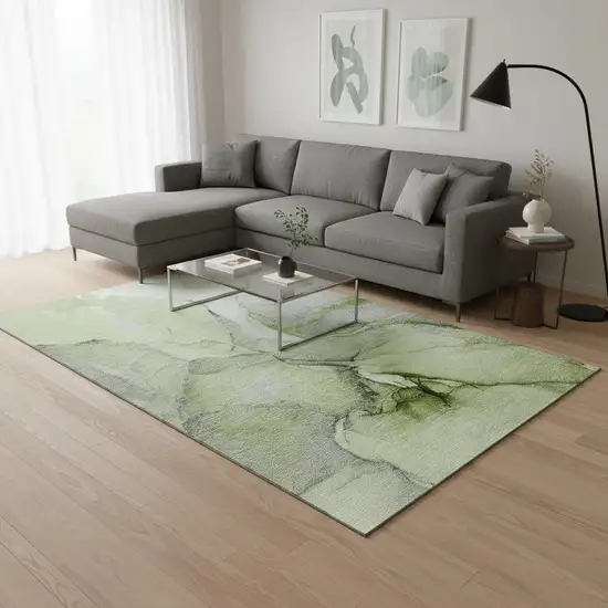 Green Gray And Ivory Abstract Washable Area Rug With UV Protection Photo 2