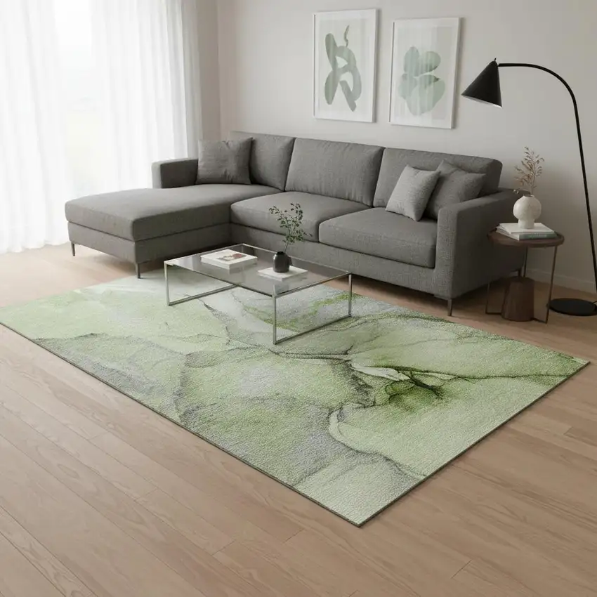 Green Gray And Ivory Abstract Washable Area Rug With UV Protection Photo 2