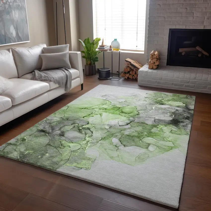 Green Gray And Ivory Abstract Washable Area Rug With UV Protection Photo 6