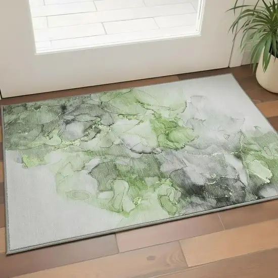 Green Gray And Ivory Abstract Washable Area Rug With UV Protection Photo 2
