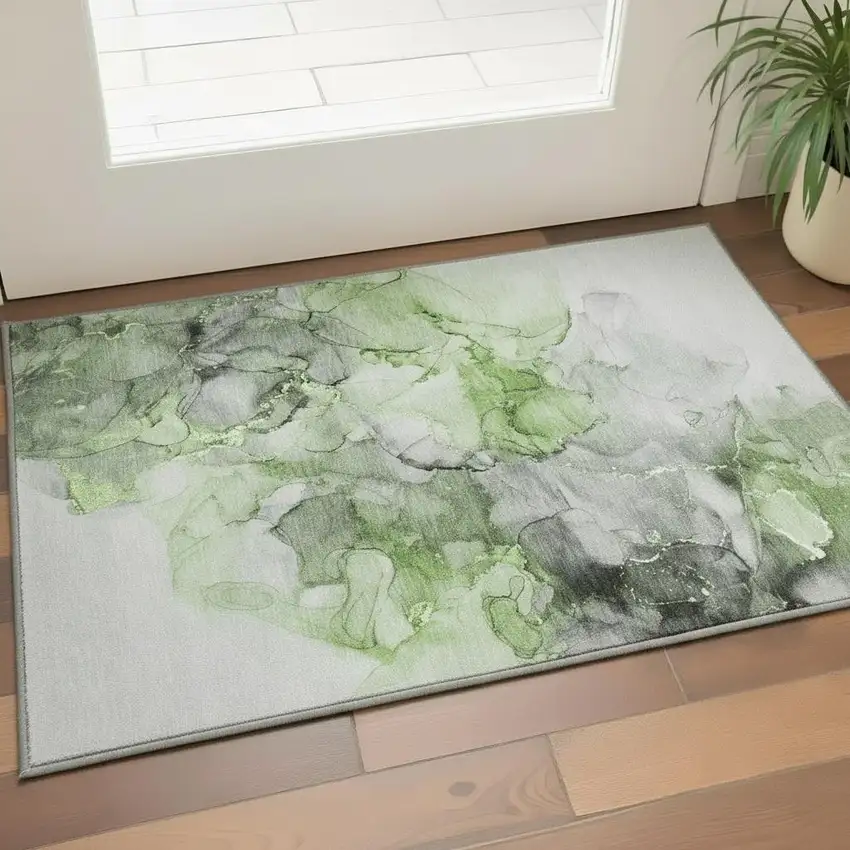 Green Gray And Ivory Abstract Washable Area Rug With UV Protection Photo 2