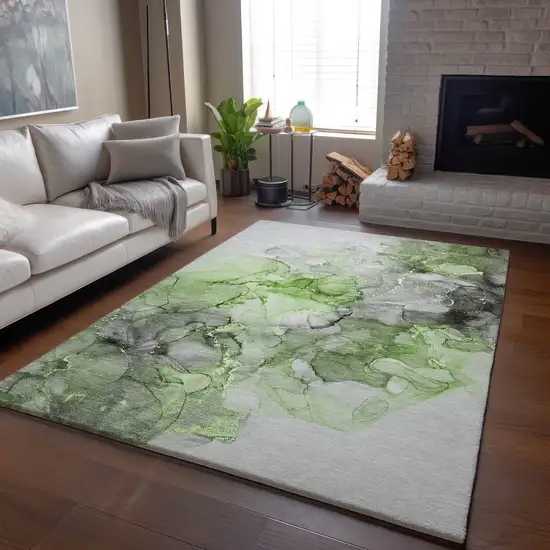 Green Gray And Ivory Abstract Washable Area Rug With UV Protection Photo 6