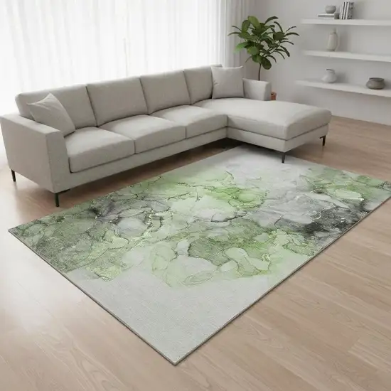 Green Gray And Ivory Abstract Washable Area Rug With UV Protection Photo 1