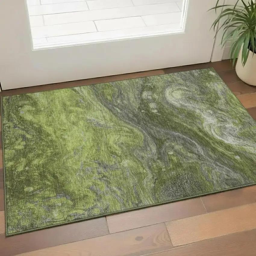 Green Gray And Ivory Abstract Washable Area Rug With UV Protection Photo 1