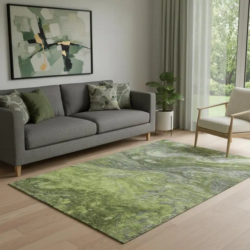Green Gray And Ivory Abstract Washable Area Rug With UV Protection Photo 1
