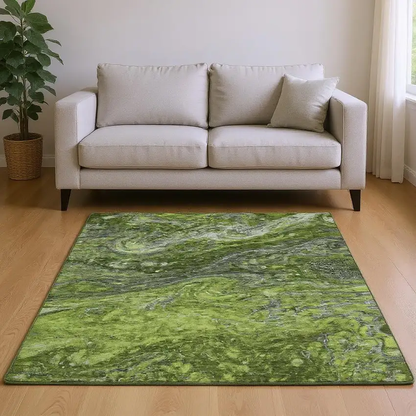Green Gray And Ivory Abstract Washable Area Rug With UV Protection Photo 2
