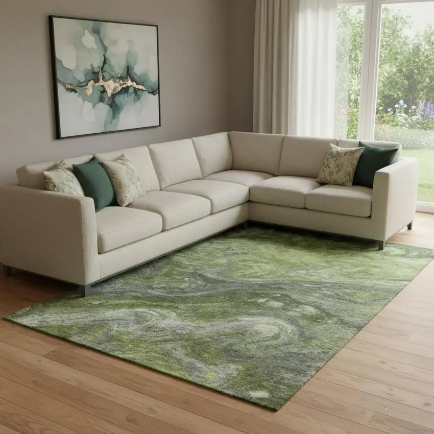 Green Gray And Ivory Abstract Washable Area Rug With UV Protection Photo 1