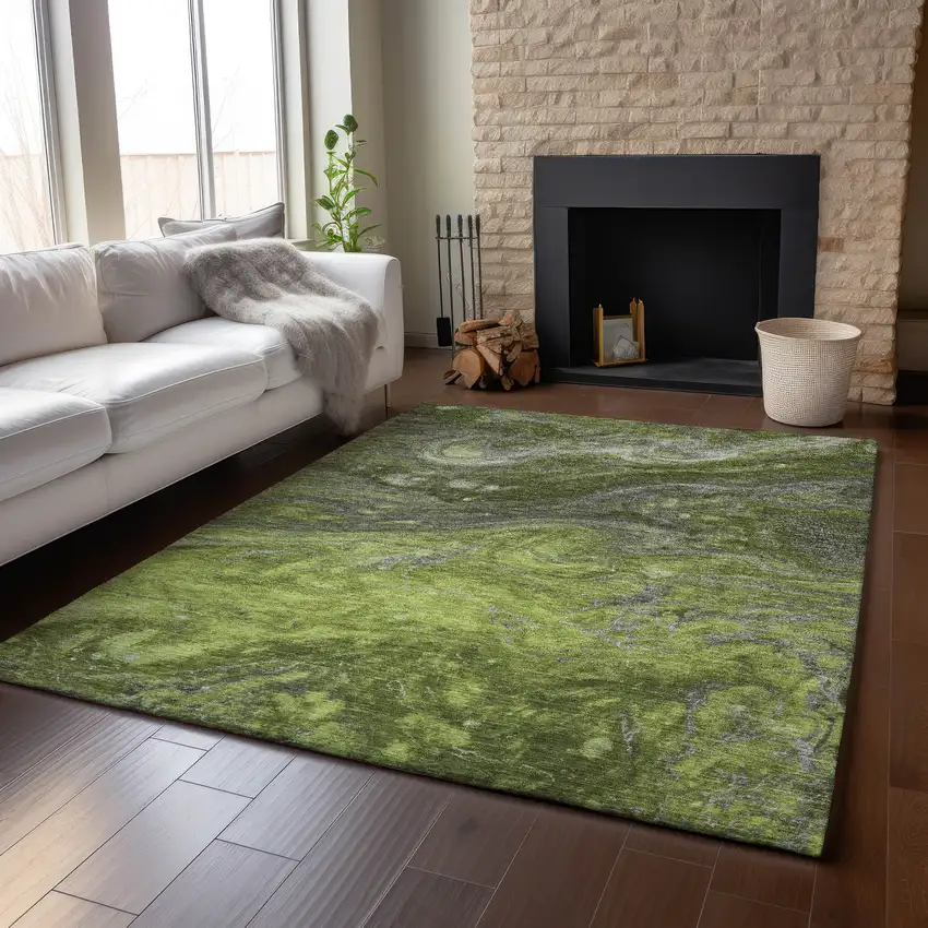 Green Gray And Ivory Abstract Washable Area Rug With UV Protection Photo 5