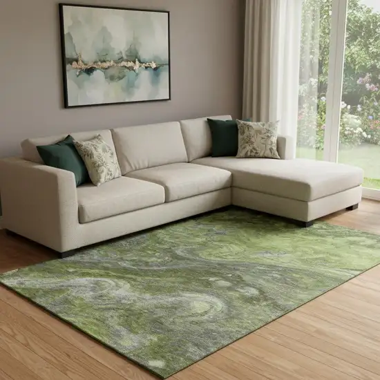 Green Gray And Ivory Abstract Washable Area Rug With UV Protection Photo 1