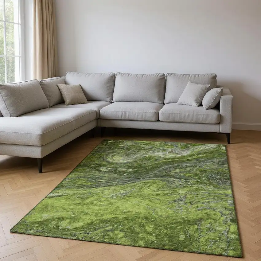 Green Gray And Ivory Abstract Washable Area Rug With UV Protection Photo 2