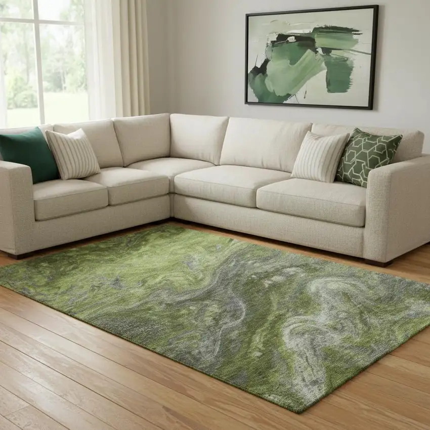 Green Gray And Ivory Abstract Washable Area Rug With UV Protection Photo 1