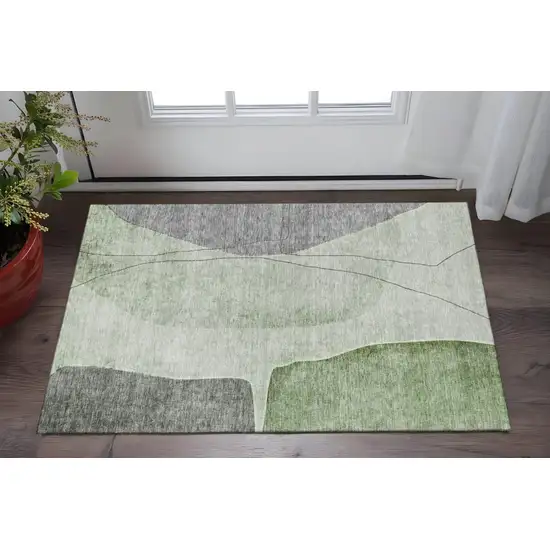 Green Gray And Ivory Abstract Washable Area Rug With UV Protection Photo 2