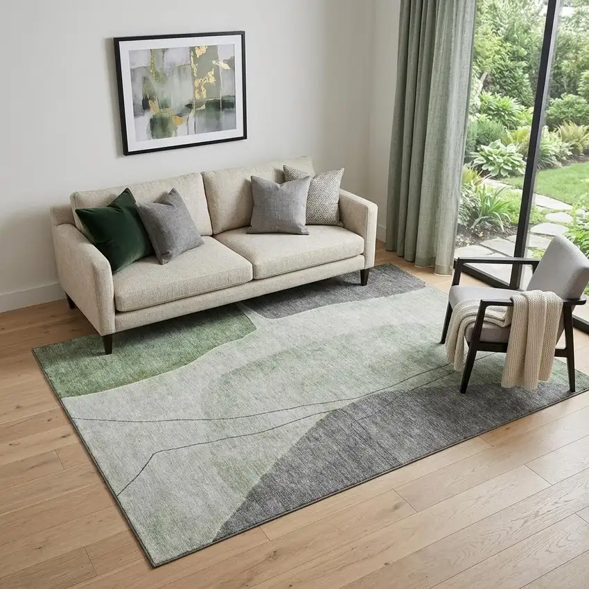 Green Gray And Ivory Abstract Washable Area Rug With UV Protection Photo 1