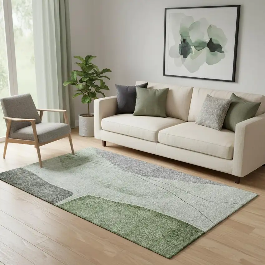 Green Gray And Ivory Abstract Washable Area Rug With UV Protection Photo 1
