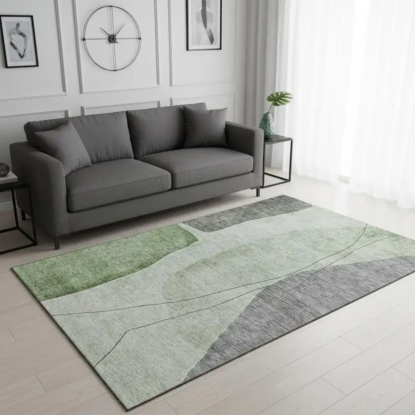 Green Gray And Ivory Abstract Washable Area Rug With UV Protection Photo 1