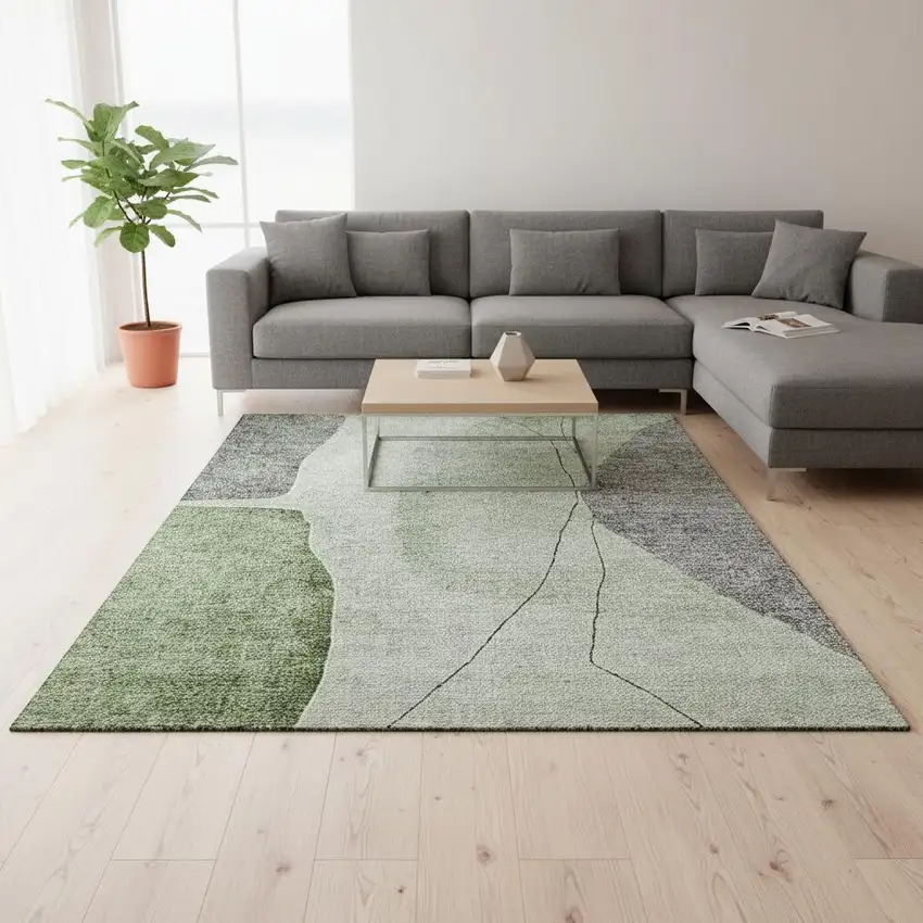 Green Gray And Ivory Abstract Washable Area Rug With UV Protection Photo 1