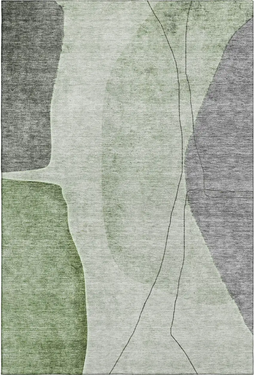 Green Gray And Ivory Abstract Washable Area Rug With UV Protection Photo 2