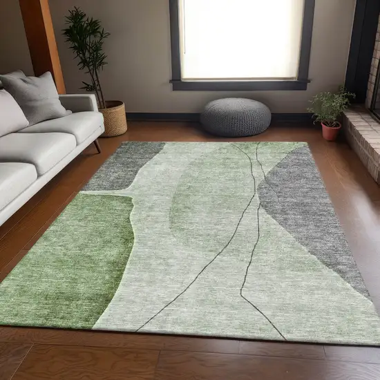 Green Gray And Ivory Abstract Washable Area Rug With UV Protection Photo 5