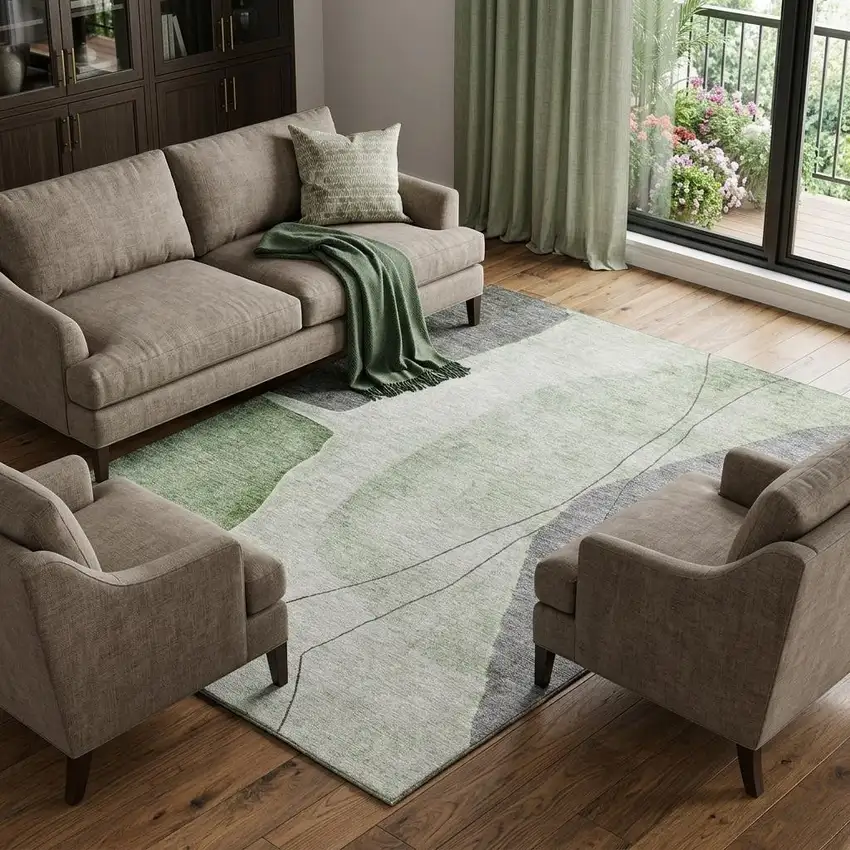 Green Gray And Ivory Abstract Washable Area Rug With UV Protection Photo 1