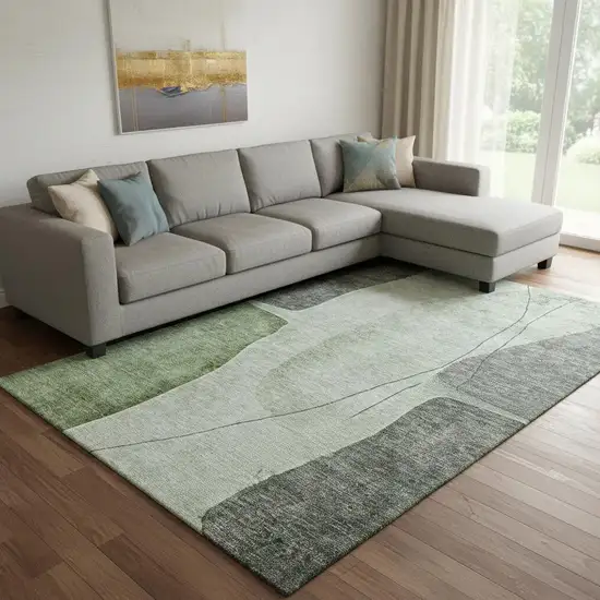 Green Gray And Ivory Abstract Washable Area Rug With UV Protection Photo 1