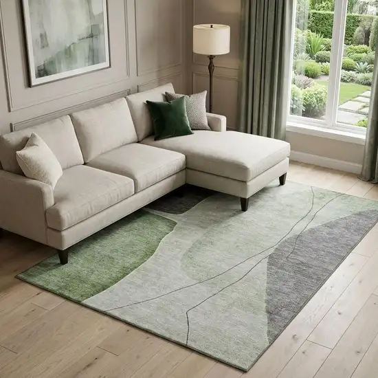 Green Gray And Ivory Abstract Washable Area Rug With UV Protection Photo 1
