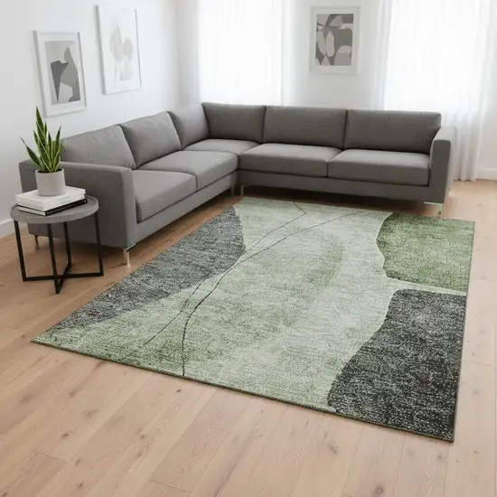 Green Gray And Ivory Abstract Washable Area Rug With UV Protection Photo 1
