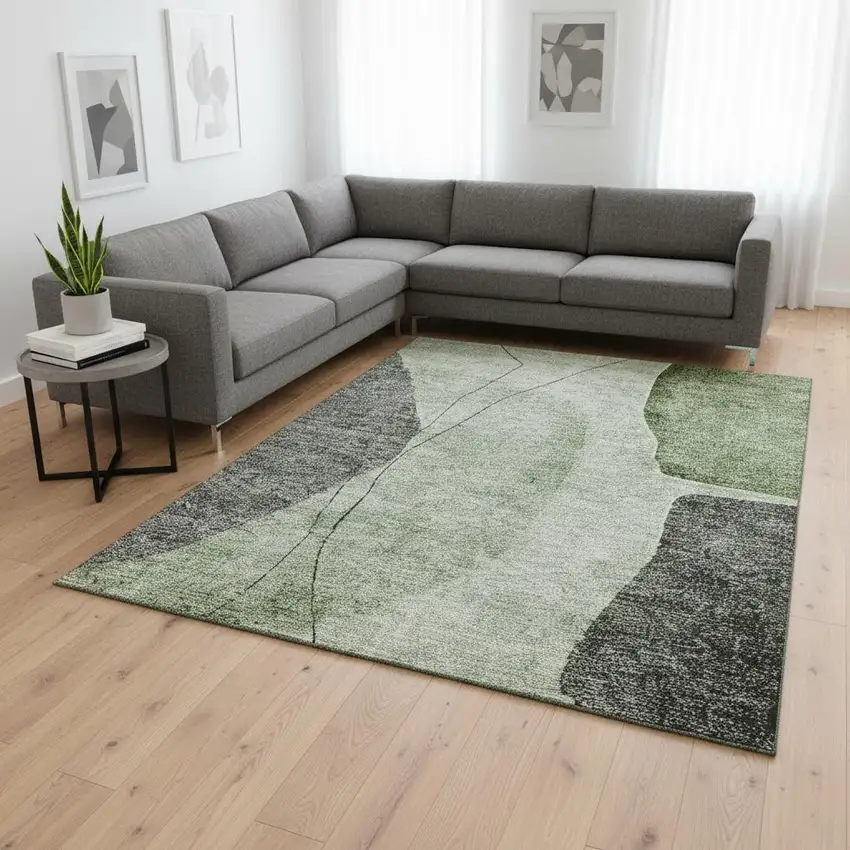 Green Gray And Ivory Abstract Washable Area Rug With UV Protection Photo 1