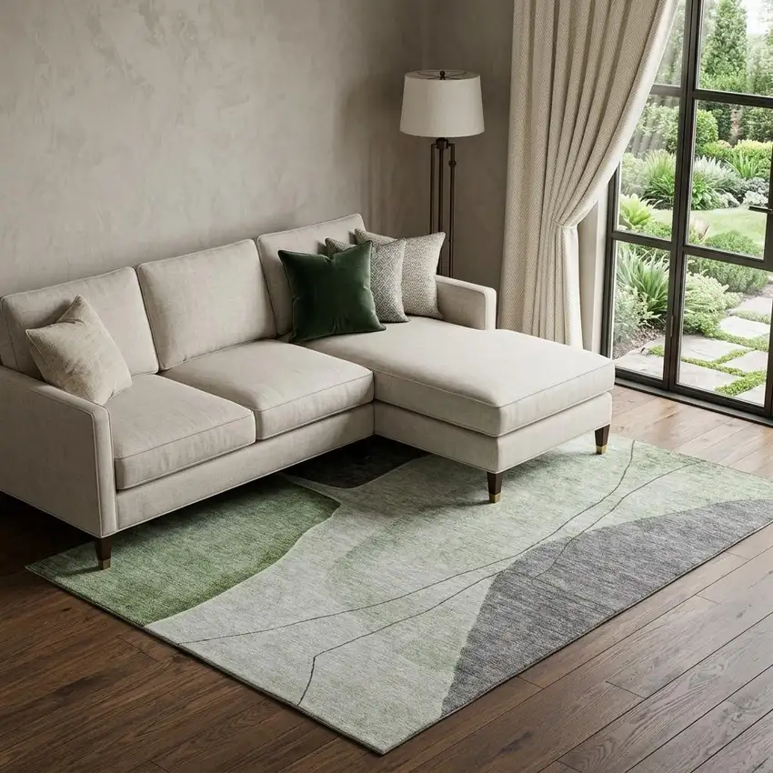 Green Gray And Ivory Abstract Washable Area Rug With UV Protection Photo 1