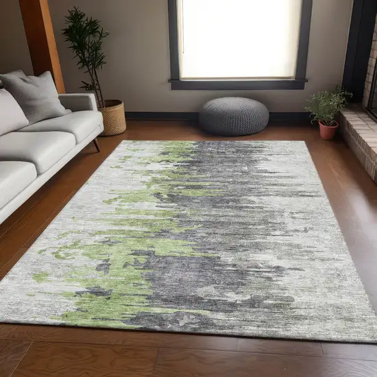 Green Gray And Ivory Abstract Washable Area Rug With UV Protection Photo 4